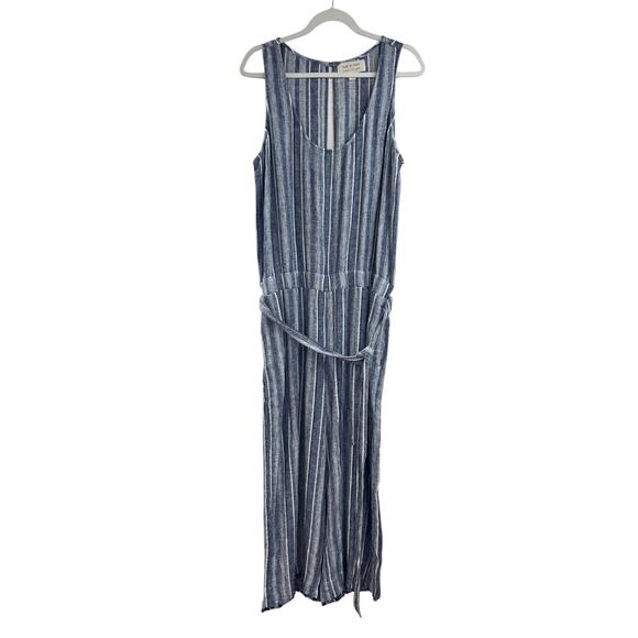 Anthropologie Cloth & Stone Navy Striped Sleeveless Linen Blend Jumpsuit Large - Picture 3 of 11